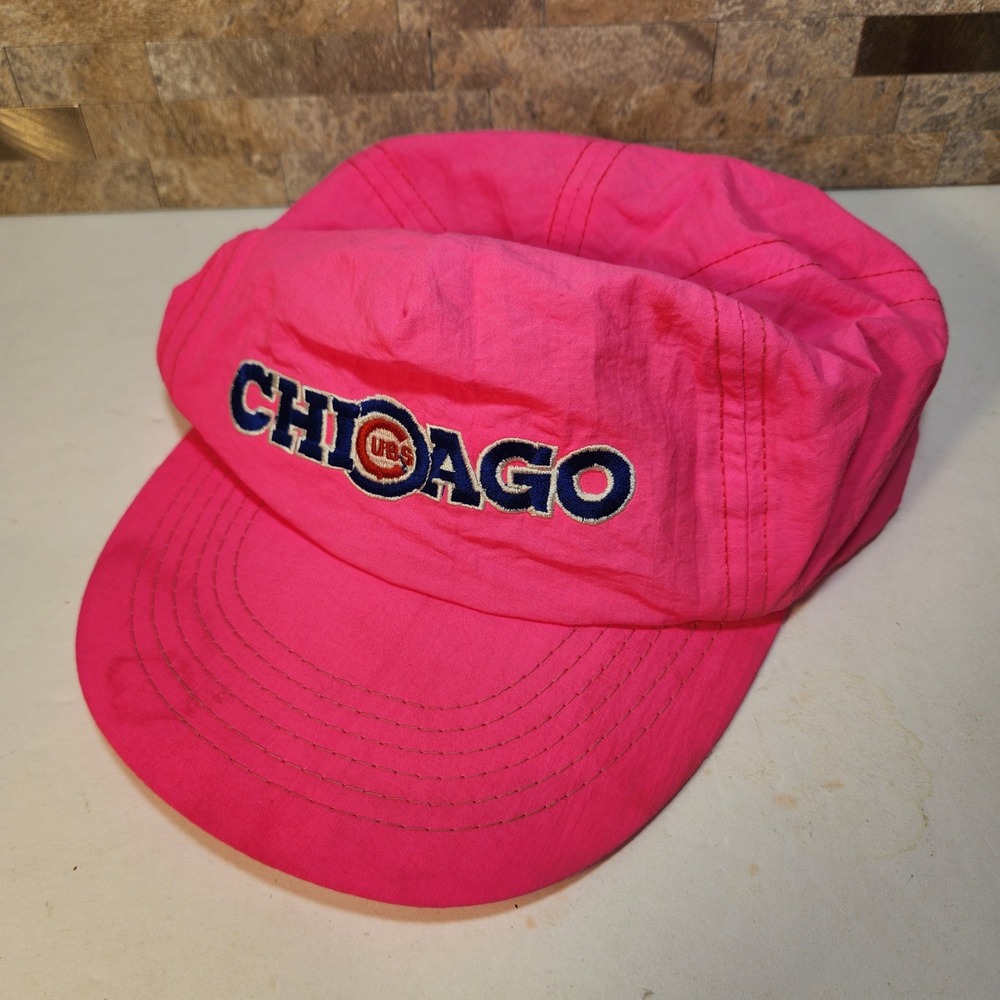 Vintage Chicago Cubs Hat Annco Neon Pink Nylon‎ Snapback MLB Made in USA Retro
